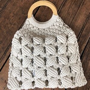 Handcrafted Cream Macramé Tote with Wooden Handles